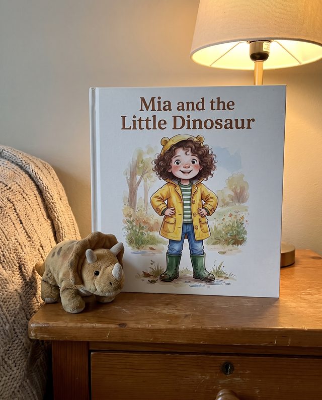 The hardcover book on a bedside table next to a lamp and a teddy bear