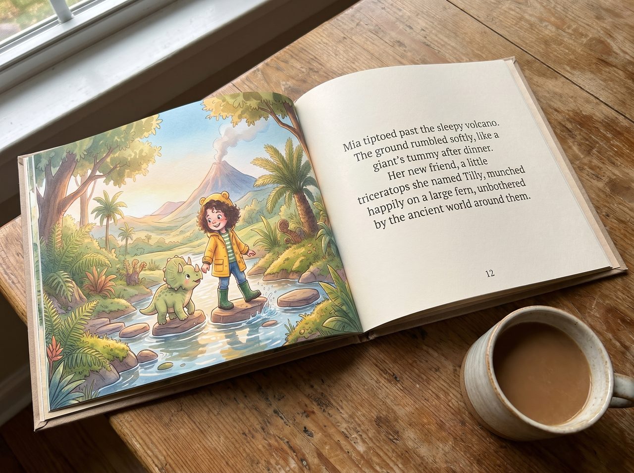 An open hardcover picture book showing a curly-haired child in a yellow raincoat leading a baby triceratops