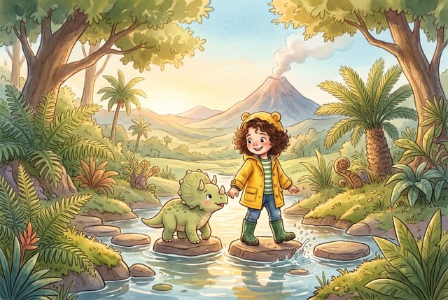 Ollie leads a baby triceratops across a stream